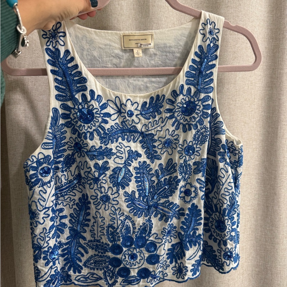 Anthropologie Moulinette Soeurs embroidered sequin cropped tank